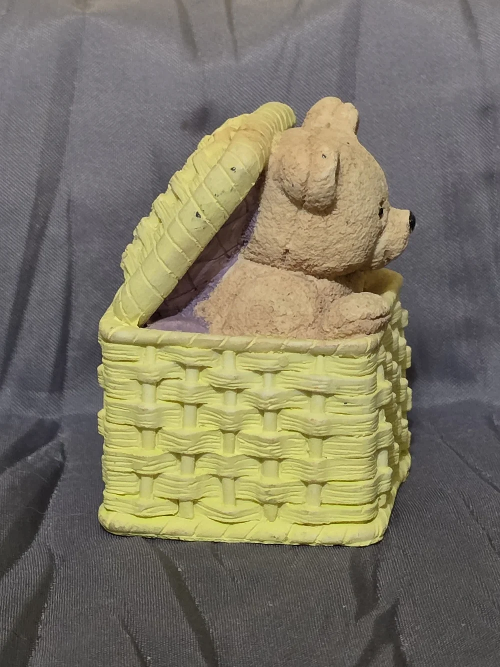 Vintage Lipco Teddy Bear in Yellow Woven Basket Decorative Accent